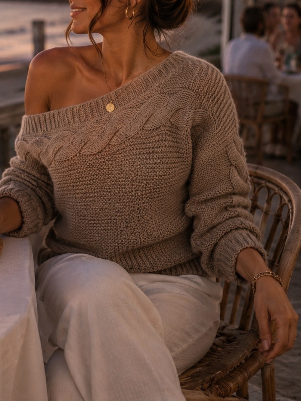 Jessica Simpson Off-Shoulder Cable Knit Sweater Coastal Grandma Neutral Size M